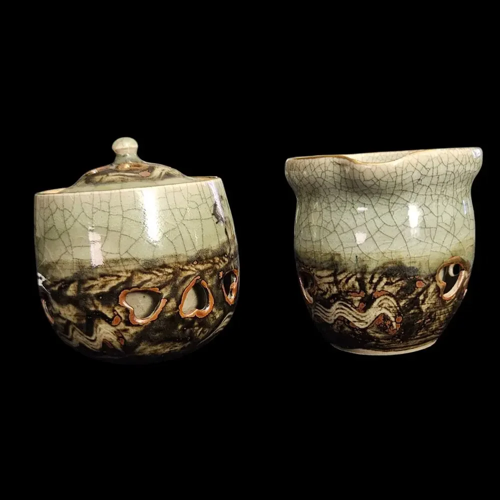 Vintage Made in Japan Art Pottery Creamer Sugar Bowl Crackle Glaze Pierced Heart